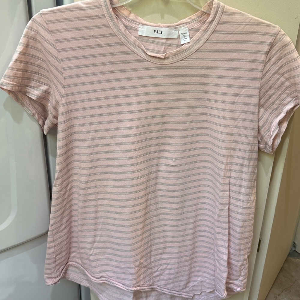 Wilt pink and silver Striped Tee. Slightly longer in the back